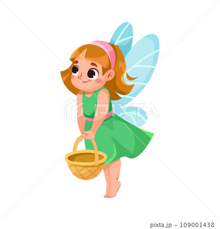 Cute Fairy and Little Pixie with Wings Carry Basket Vector Illustration 109001438