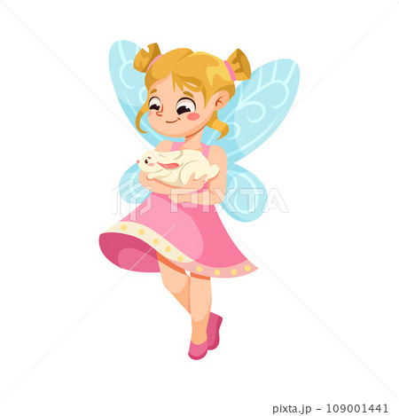 Cute Fairy and Little Pixie with Wings Hold Bunny Vector Illustration 109001441