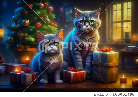 Beautiful cute cats with Christmas gifts in a festive interior Beautiful cute cats with Christmas gifts in a festive interior 109001496