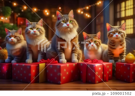 Beautiful cute cats with Christmas gifts in a festive interior 109001502