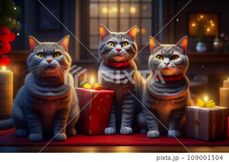 Beautiful cute cats with Christmas gifts in a festive interior 109001504