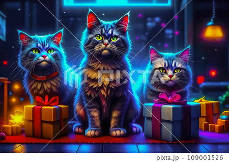 Beautiful cute cats with Christmas gifts in a festive interior Beautiful cute cats with Christmas gifts in a festive interior 109001526