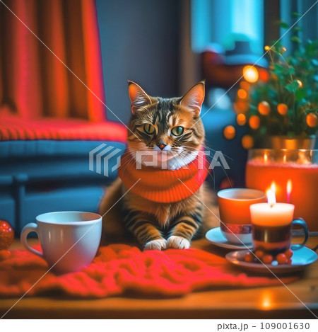 Portrait of a beautiful kitten with a cup of coffee in a Christmas interior Portrait of a beautiful kitten with a cup of coffee in a Christmas interior 109001630