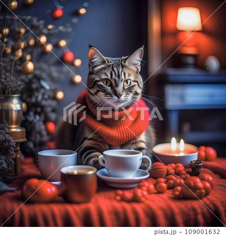 Portrait of a beautiful kitten with a cup of coffee in a Christmas interior 109001632