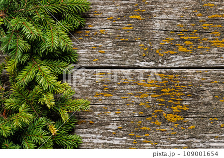 Christmas fir tree branch frame over wood Christmas fir tree branch frame over wood 109001654