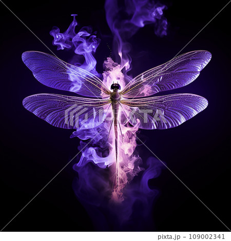 Beautiful purple violet dragonfly blur on black background, color transitions and swirls, beautiful unusual wallpaper, creative background 109002341
