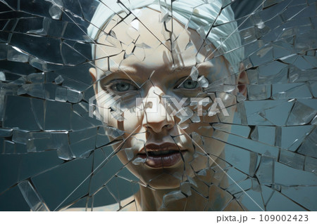 Face looking through shattered mirror. Generative AI 109002423