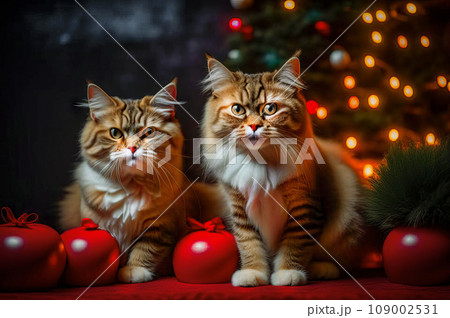 Beautiful cute cats with Christmas gifts in a festive interior 109002531