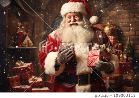 Cheerful Santa Claus with gift boxes on Christmas background 109003115