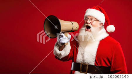 Santa Claus with megaphone on red background. 109003149