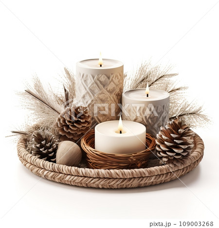 Holiday Christmas decor arrangement with candles and fir branches isolated on white background with copy space, winter composition for design and social media templates 109003268