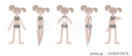Five northern girls in swimsuits. Calm standing poses: thumbs up, piece of paper in hands. Pale skin tone and blonde hair. Vector illustration in flat style Five northern girls in swimsuits. Calm standing poses: thumbs up, piece of paper in hands. Pale skin tone and blonde hair. Vector illustration in flat style 109003876