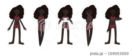 Five African girls in swimsuits. Calm standing poses: thumbs up, piece of paper in hands. Brown skin tone and dark hair. Vector illustration in flat style Five African girls in swimsuits. Calm standing poses: thumbs up, piece of paper in hands. Brown skin tone and dark hair. Vector illustration in flat style 109003880