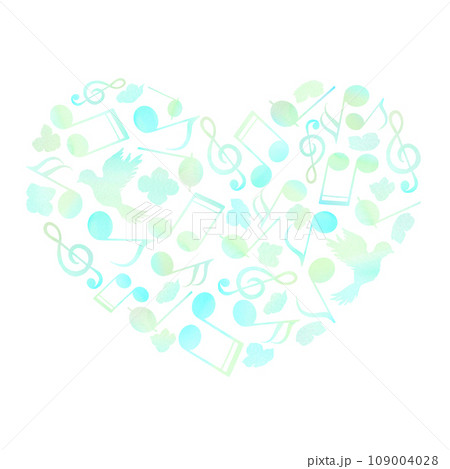 青色の音符や花で形作ったおしゃれなハート型の模様。水彩イラスト。 青色の音符や花で形作ったおしゃれなハート型の模様。水彩イラスト。 109004028