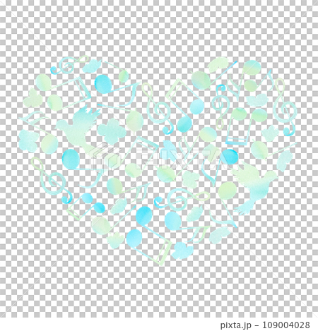 青色の音符や花で形作ったおしゃれなハート型の模様。水彩イラスト。 青色の音符や花で形作ったおしゃれなハート型の模様。水彩イラスト。 109004028