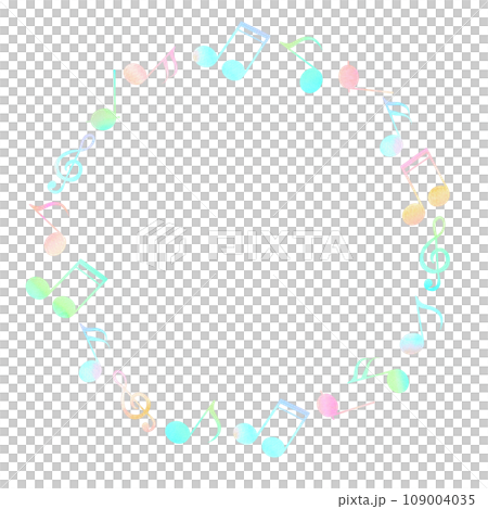 Cute round frame of colorful musical notes. Watercolor illustration. 109004035