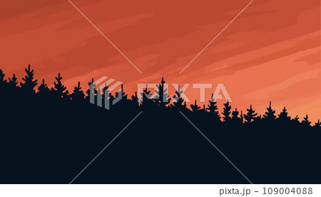 Coniferous forest silhouette on a red sky Coniferous forest silhouette on a red sky 109004088