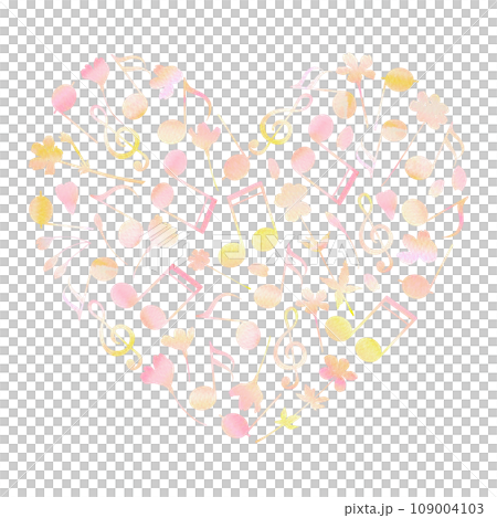 A beautiful heart-shaped pattern made of pink musical notes and flowers. Watercolor illustration. 109004103