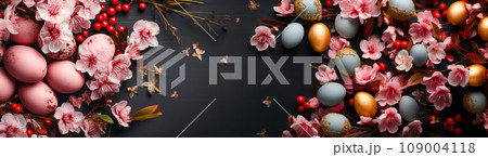 Design web banner with colorful Easter eggs on a dark background, website concept 109004118