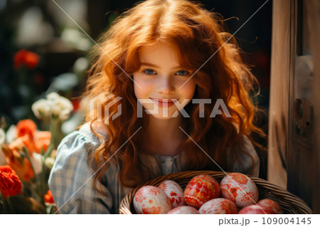 Red-haired beautiful girl with full basket of Easter eggs sits on a bench near, idea for a postcard Red-haired beautiful girl with full basket of Easter eggs sits on a bench near, idea for a postcard 109004145