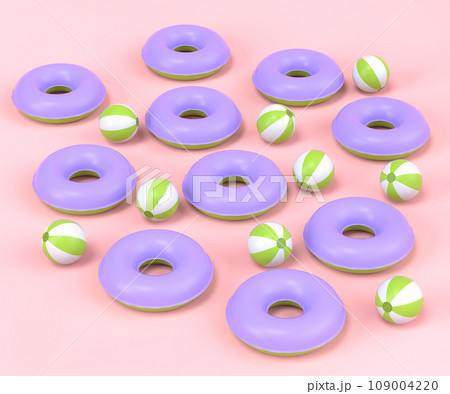 Colorful inflatable rings and balls on pink background, summer vacation 109004220