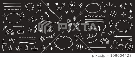 Sketch line arrow element, star, heart shape on chalkboard background. Hand drawn doodle sketch style circle, cloud speech bubble grunge element. Arrow, star, heart decoration. Vector Sketch line arrow element, star, heart shape on chalkboard background. Hand drawn doodle sketch style circle, cloud speech bubble grunge element. Arrow, star, heart decoration. Vector 109004428