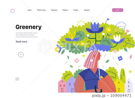 Greenery, ecology -modern flat vector concept illustration of a woman under the green lush umbrella of plants and flowers. Metaphor of environmental sustainability and protection, closeness to nature 109004471