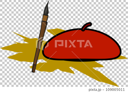 シンプルなベレー帽とペンのイラスト 109005011