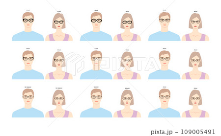Set of Almond frame glasses on women and men flat character fashion accessory illustration. Sunglass front view 109005491