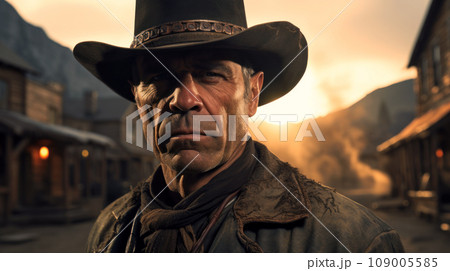 Portrait of cowboy or sheriff in town like in western movie, face of man wearing hat and brown vintage outfit at sunset. Concept of wild west, outlaw, people, character Portrait of cowboy or sheriff in town like in western movie, face of man wearing hat and brown vintage outfit at sunset. Concept of wild west, outlaw, people, character 109005585