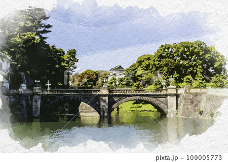 水彩画風　東京皇居外苑　皇居正門石橋（眼鏡橋）と伏見櫓　東京都千代田区 109005773