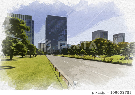 水彩画風 東京皇居外苑 皇居前鍛冶橋線 東京都千代田区 水彩画風 東京皇居外苑 皇居前鍛冶橋線 東京都千代田区 109005783