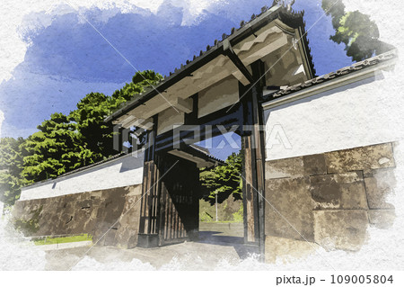 水彩画風　東京皇居外苑　桜田門（高麗門）　東京都千代田区 109005804