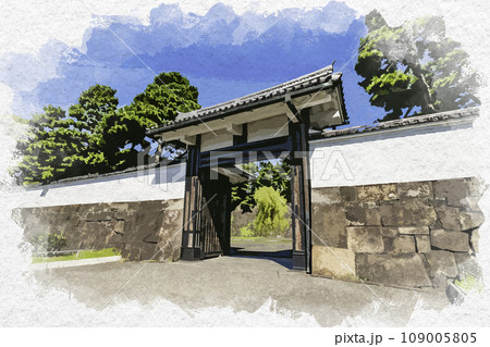 水彩画風 東京皇居外苑 桜田門(高麗門) 東京都千代田区 水彩画風 東京皇居外苑 桜田門(高麗門) 東京都千代田区 109005805