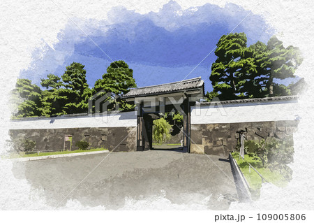 水彩画風　東京皇居外苑　桜田門（高麗門）　東京都千代田区 109005806