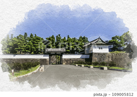 水彩画風 東京皇居外苑 桜田門(高麗門)と櫓門 東京都千代田区 水彩画風 東京皇居外苑 桜田門(高麗門)と櫓門 東京都千代田区 109005812