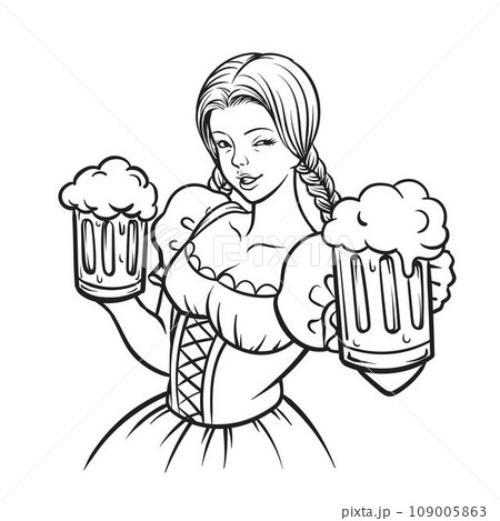 Sketch of beautiful Bavarian girl holding mugs 109005863