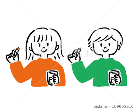 カプセル薬剤を飲もうとする男性と女性のシンプルなイラストセット バストアップ カプセル薬剤を飲もうとする男性と女性のシンプルなイラストセット バストアップ 109005910