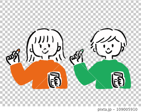 カプセル薬剤を飲もうとする男性と女性のシンプルなイラストセット バストアップ カプセル薬剤を飲もうとする男性と女性のシンプルなイラストセット バストアップ 109005910