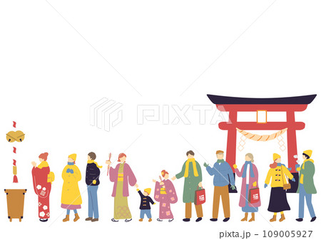 初詣の列に並ぶ人達 109005927