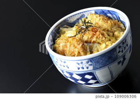牡蠣フライ卵とじ丼を黒背景で撮影 牡蠣フライ卵とじ丼を黒背景で撮影 109006306