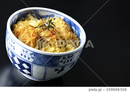 牡蠣フライ卵とじ丼を黒背景で撮影 109006308