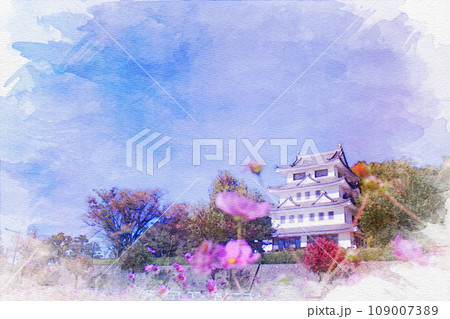 [水彩画]愛知県尾張旭市の旭城とコスモス 109007389