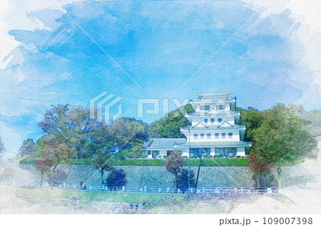 水彩画]愛知県尾張旭市の旭城とコスモスのイラスト素材 [109007398