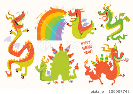 Dragon year. Happy New Year. Set colorful cartoon characters Dragon year. Happy New Year. Set colorful cartoon characters 109007742
