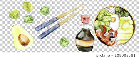 Watercolor Asian food illustrations set. Korean traditional poke with egg, soy sauce bottle, chopsticks, avocado, spinach leaves and green brussel's cabbage for menu, restaurant, cafe , kitchen design 109008381
