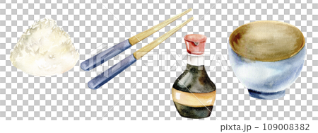 Watercolor asian traditional food set. Rice ceramic blue bowl , chopsticks, soy sauce bottle with red cap, rice hollow. Hand drawn isolated clip art for menu, restaurant, cafe , kitchen poster design Watercolor asian traditional food set. Rice ceramic blue bowl , chopsticks, soy sauce bottle with red cap, rice hollow. Hand drawn isolated clip art for menu, restaurant, cafe , kitchen poster design 109008382