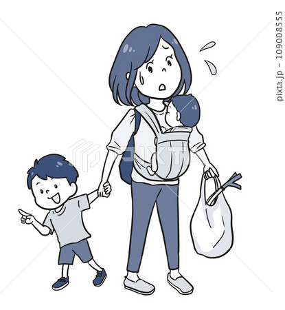 子連れで買い物するママ(1トーン) 子連れで買い物するママ(1トーン) 109008555