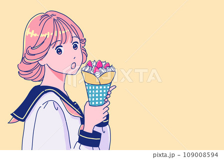 イチゴのクレープを食べるアニメ風の女子生徒 109008594
