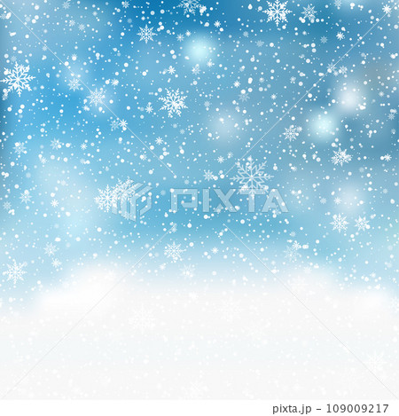 Natural Winter Christmas background with sky, heavy snowfall, snowflakes in different shapes and forms, snowdrifts. Vector 109009217